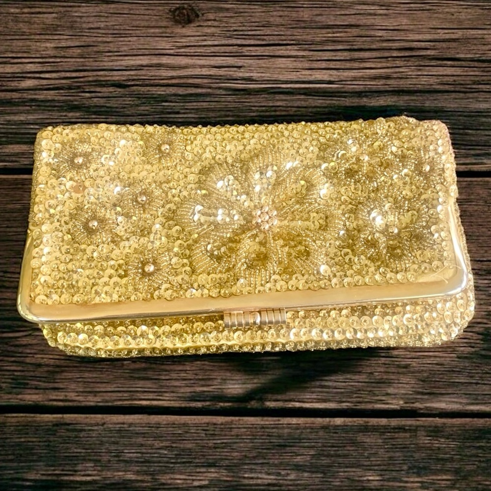 Vintage Gold Satin Sequin & Beaded Folded Clutch Bag - Picture 7 of 15
